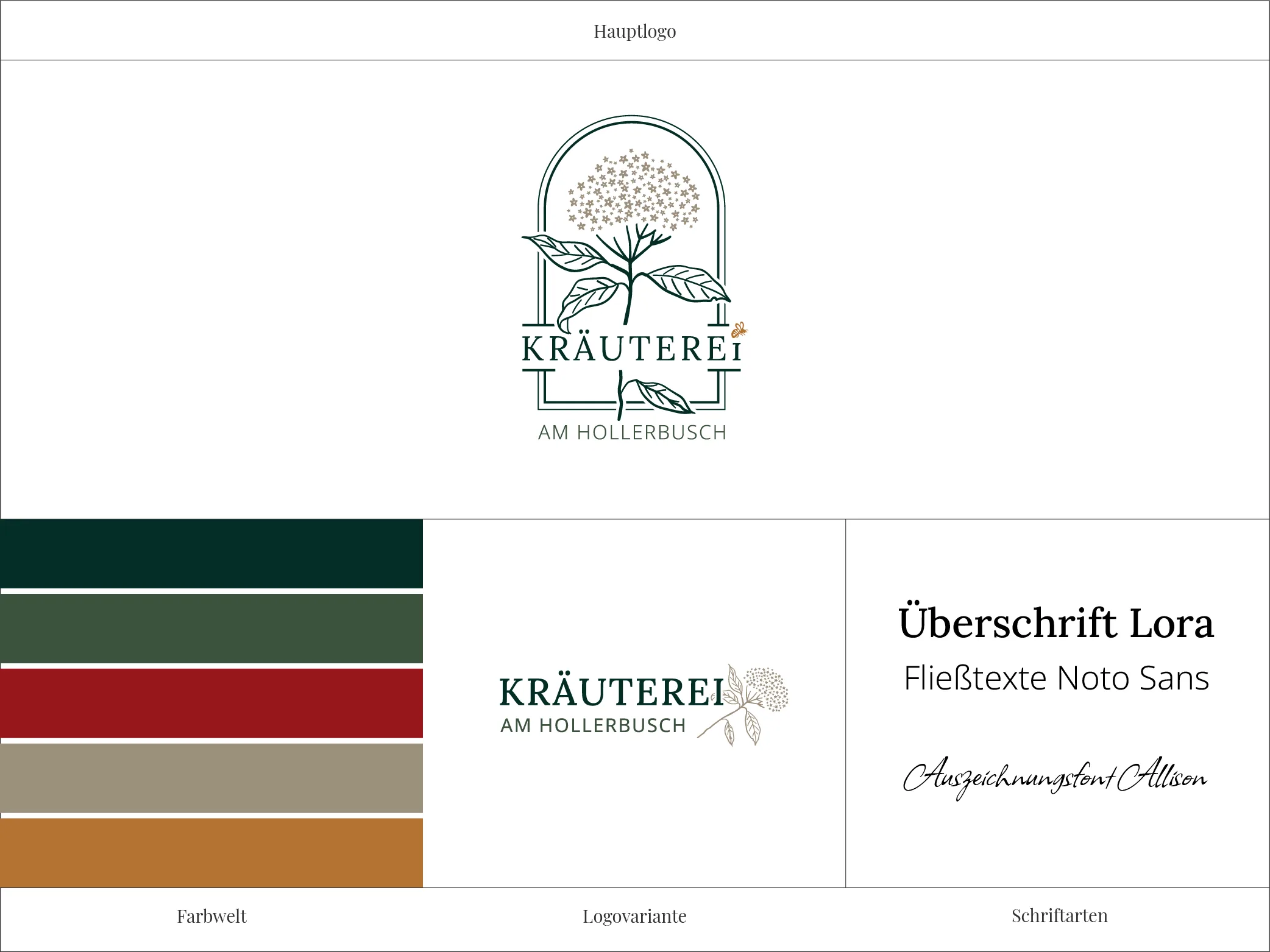 Logo der Kräuterei am Hollerbusch mit den ausgewählten Markenfarben, Schriftarten und einer Logovariante